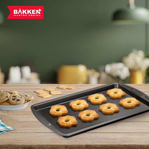 Bakken Swiss Cookie Sheet 3 Piece Set, Non-Stick Stackable Baking Pans with Gray Deluxe Ceramic Coating, Dishwasher Safe