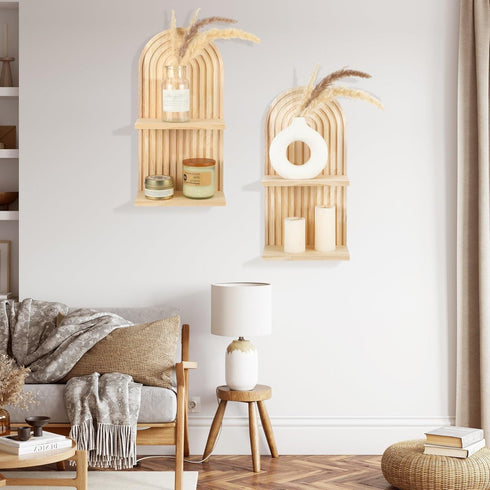2 Bedroom(2 Geetery Pcs Boho Wall Shelf Arch Wooden Floating Shelves Mid Century Rainbow Wall Shelf Hanging Holder