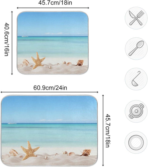 Summer Starfish Dish Drying Mats, Seashells Beach Theme for Kitchen Counter Sink, 16x18 Inch