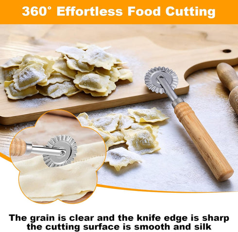 LIQWEI Pasta Cutter Wheel, Pastry and Pasta Cutter Wheel Pastry Ravioli Wheel Cutter With Long Wooden Handle