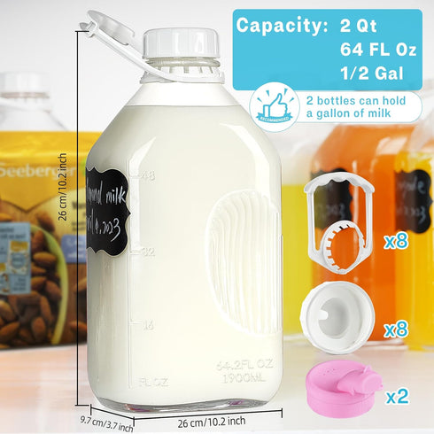 4 Pack 1/2 2 64 Oz 8 2 Gal Glass Milk Bottle with Airtight Lid & Pour Spouts - Heavy Duty Glass Milk Jug, Water