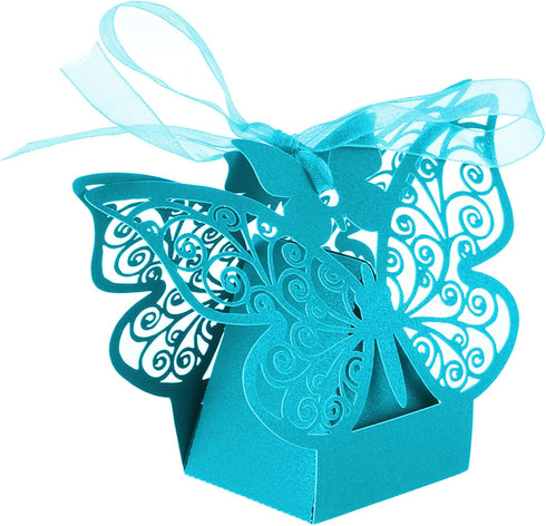 50 Pieces Butterfly Laser Cut Favor Boxes DIY Wedding Birthday Gift Candy Boxes with Ribbons (Skyblue)