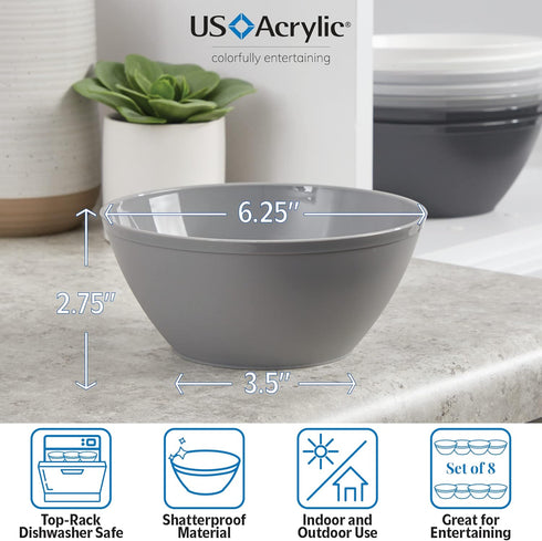 US Acrylic Unbreakable 28 oz. Plastic Stackable Cereal Bowls, Set of 8 in Grey Colors, BPA-Free