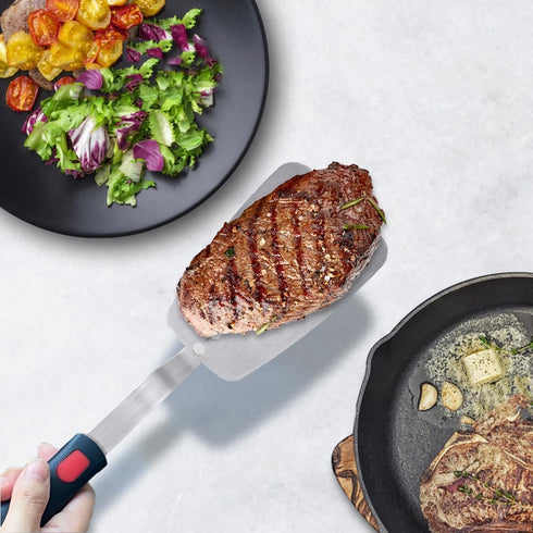 Stainless Steel Flexible Spatula - Solid Turner for Cast Iron Skillet, Thin Blade & Heat Resistant Silicone Handle