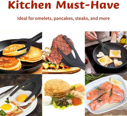 2 in 1 Egg Flipper Spatula Tongs - Multi-purpose Non-Stick Kitchen Gadgets for Cooking, Pancakes, Quesadillas,