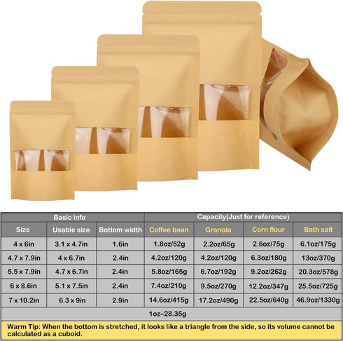 Blisstime 50 Pack Kraft Stand Up Zip Lock Pouch Bags, Resealable with Transparent Window for Storage