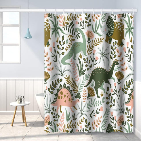 Dinosaur Themed Bathroom Shower Curtain Green Dino Tropical Leaves with Hooks Waterproof