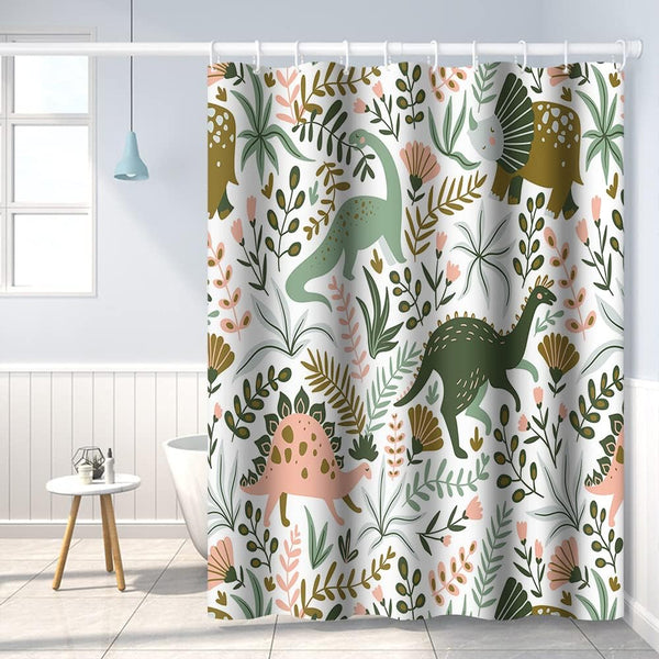 Dinosaur Themed Bathroom Shower Curtain Green Dino Tropical Leaves with Hooks Waterproof