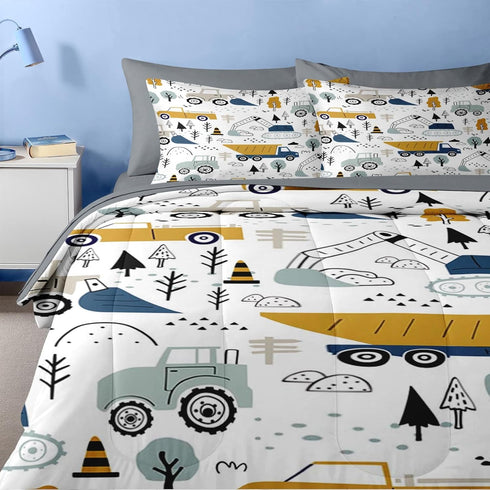 5 Set Bulldozer Nesker Pcs Comforter Twin Size, Cute Cars Truck Tractor Bedding for Kids Teen, Cargo Crane Excavator