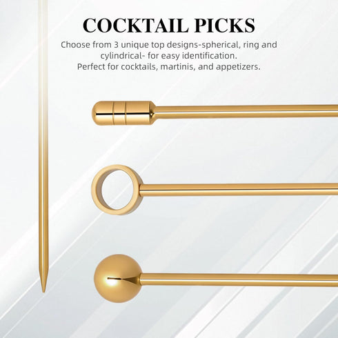 I-MART 15 Pack Stainless Steel Cocktail Picks, Reusable Metal Garnish Sticks for Drinks, Appetizers, 4.25 Inch (Gold)