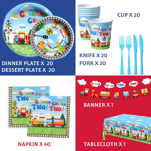 Lenyunge 142PCS Set 2nd Chuagaa Chugga Two Two Birthday Decoration Train Paper Plates Tableware - Transportation Table
