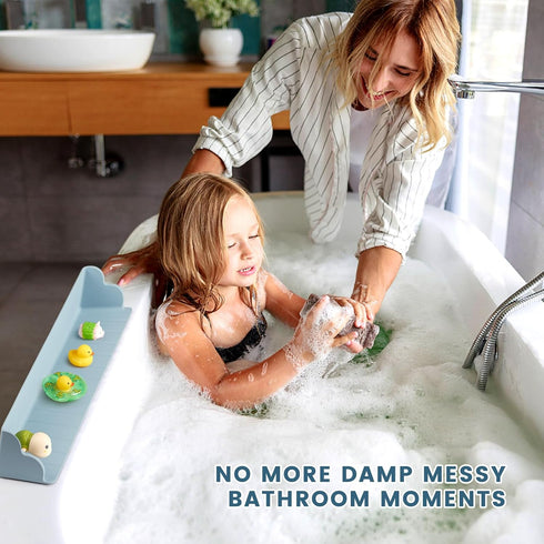 Annana Bathtub Splash Guard for Tub, Silicone Bathtub Caddy Tray with Play Shelf, Kids Bath Tub Shelf and Organizer
