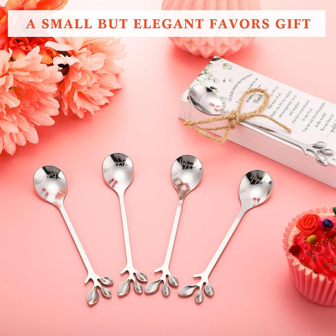Tioncy 50 Pcs Bridal Shower Favors Tea Spoons, 4.9 Inch Silver Stainless Steel Leaf Dessert Teaspoons with Thank You