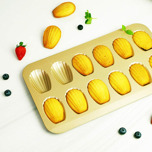 Heavy Duty Nonstick Madeleine Pan 12-Cup Baking Cake Mold Tray (Golden)