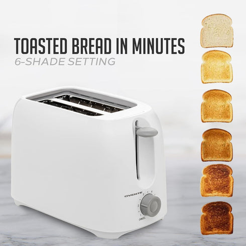 OVENTE Electric 2 Slice Toaster Machine with 6-Shade Toast Settings, 700W Power, Removable Crumb Tray and Compact Design Perfect for Toasting Bread, Bagels, Waffles and Puff Pastry, White TP2210WGY by OVENTE