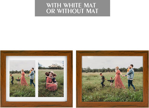 Golden State Art, 8.5x11 Brown Wooden Picture Frame - White Mat for 2-5x7 Photos or 8.5x11 Certificate Without Mat - Real Glass - Easel Stand for Landscape/Portrait Table Display by Golden State Art