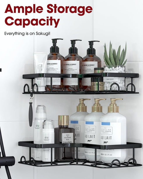 2 Pack, 8 Sakugi Corner Shower Caddy - Adhesive Shower Organizers, Rustproof Stainless Steel Shower Shelves with Hooks