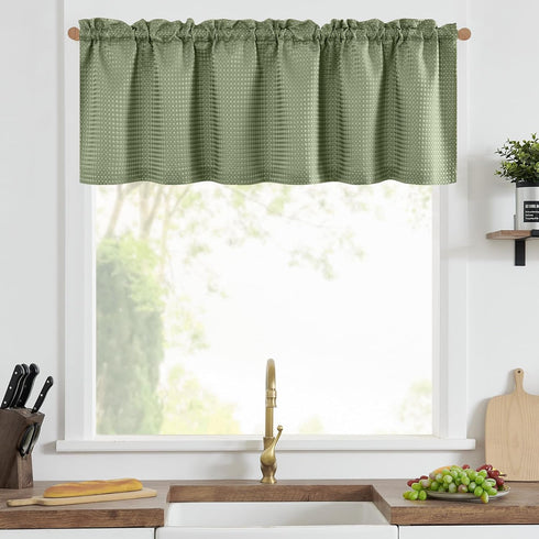Waffle-Weave Textured Valance for Kitchen - Waterproof Window Curtains (60-inch x 18-inch, Sage, One Panel)