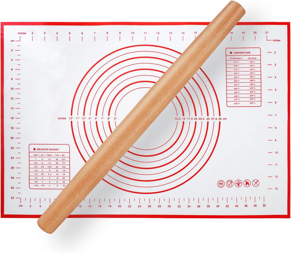 QUELLANCE Wood French Rolling Pin for Baking, Wooden Dough Roller with Silicone Baking Mat, Beech Wood, Red Pastry Mat
