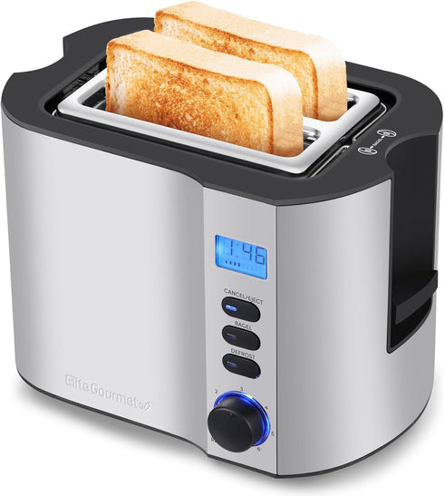 Elite Gourmet ECT2145 Extra Wide Slot 2-Slice Toaster, Bagel Function, 6 Toast Settings, Stainless Steel with Countdown
