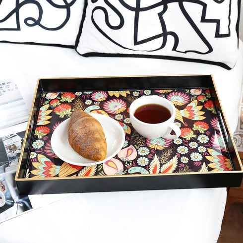 Counter Spsyrine Decorative Serving Tray with Handles, Black Lacquered Coffee Table Tray for Ottoman, Rectangle