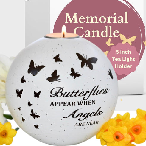 Butterfly Memorial Candle Holder - 5 x 5 Inch Sympathy Gift for Grief, Loss of Loved One, Remembrance