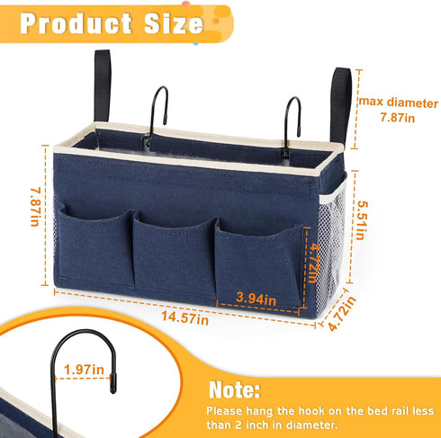 Bedside Caddy Organizer with Fixed Straps and Water Bottle Holder for Home, College Dorm, Hospital Bed, Navy Blue