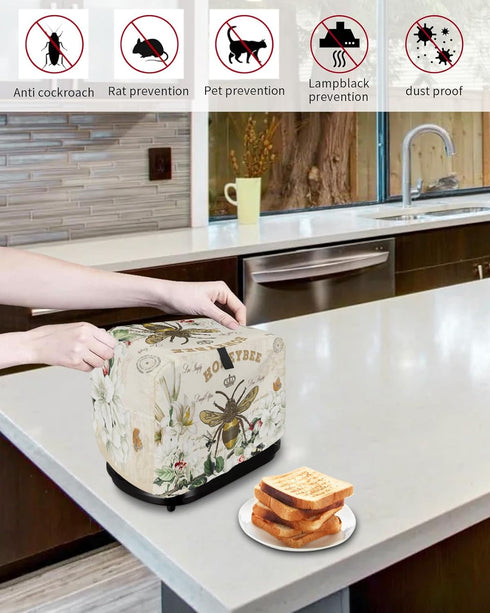 Toaster Cover, 2 Slice Bees Flowers, Bread Toaster Oven Cover with Pockets, Small Kitchen Appliance Protector