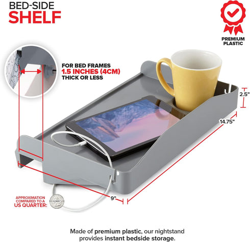 Modern Innovations Bedside Shelf for Bed, College Dorm Room, Bunk Bed Shelf for Top Bunk, Clip On Nightstand Tray