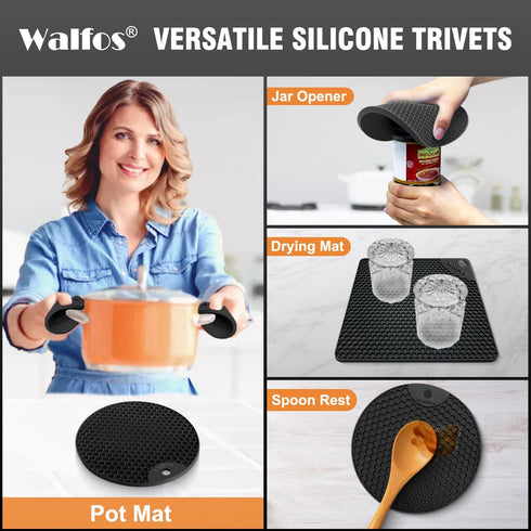 Walfos Silicone Trivet Mats - 4 Heat Resistant Non-Slip Hot Pads for Kitchen, Food Grade Silicone (Black)
