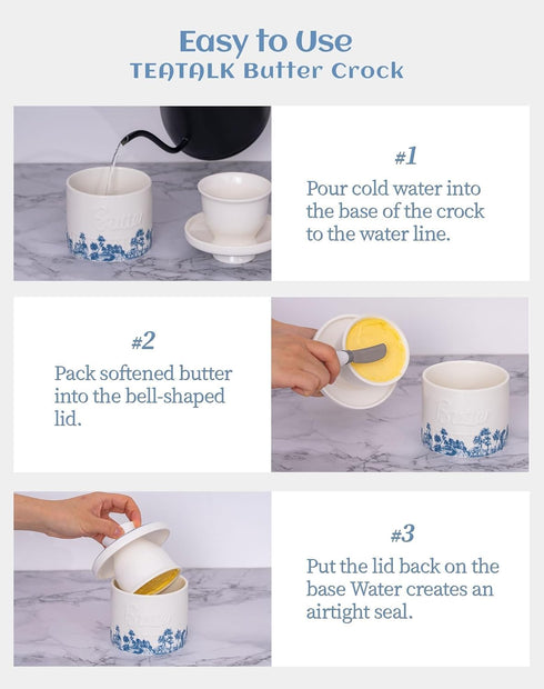 Counter,Blue 6.7 oz TEATALK Vintage Boho Butter Crock - French Ceramic Butter Keeper for and White Porcelain Butter