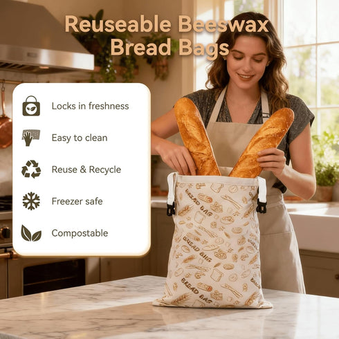 AOILONLI 2 Packs Fresh(1317 Inches) Bread Bag for Homemade Bread - XL Reusable Organic Beeswax Natural Cotton Sourdough