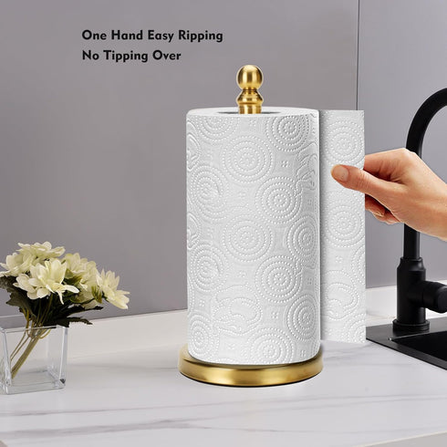 Gold Paper Towel Holder Stand for Countertop, Weighted Base for One-Handed Operation (Gold)