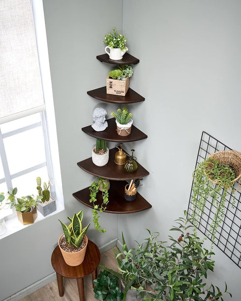 Corner Shelf, Solid Oak Wood Floating Corner Shelf Wall Mount Round End Floating Speaker with Wire Hole for Small Plant