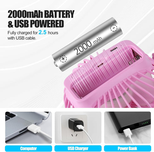 Portable Clip Fan, Battery Operated Mini Table Fan with 3 Speeds, 360° Rotation, Ultra Quiet (Pink)
