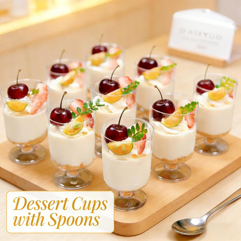 220 4 oz Pcs Mini Dessert Cups with Spoons and Bamboo Skewers, Round Clear Plastic Parfait Shooter Cups for Parties
