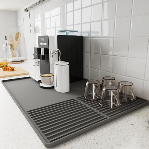 Silicone Coffee Mat with Raised Edges, 24'' x 16'' Coffee Bar Mat for Countertops, Fits Under Coffee Maker, Dish Drying