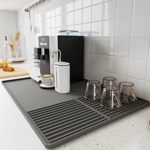 Silicone Coffee Mat with Raised Edges, 24'' x 16'' Coffee Bar Mat for Countertops, Fits Under Coffee Maker, Dish Drying