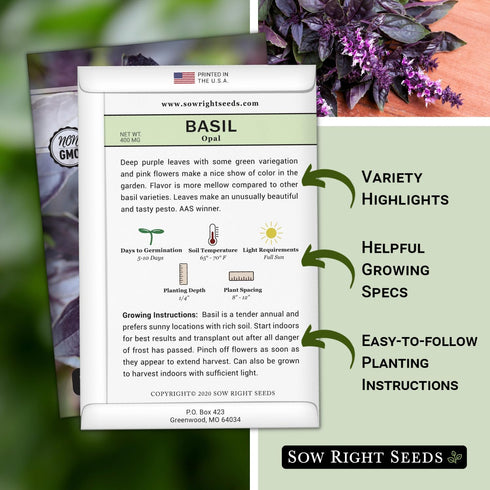 Packet (1) Sow Right Seeds - Opal Basil Seeds for Planting - Non-GMO Heirloom with Instructions to Plant Indoors