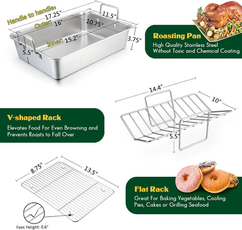 E-far Roasting Pan - 16 x 11.5 Inch Stainless Steel Turkey Roaster with Rack, Deep Broiling Pan, Easy Clean