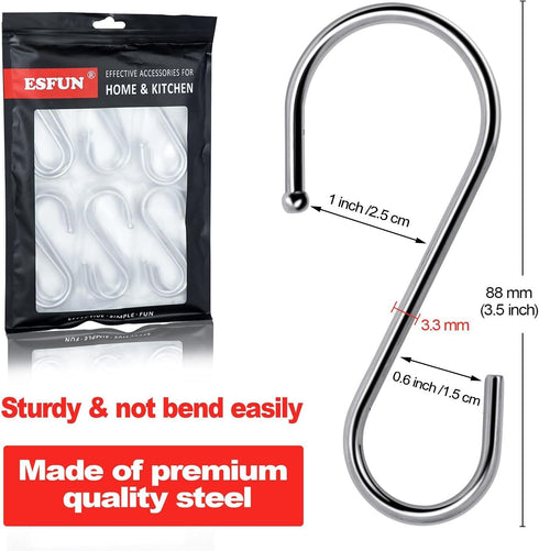 24 Pack S Hooks for Hanging - 3.5 inch Heavy Duty Metal S Shaped Hooks for Pot Rack, Towels, Jeans, Kitchen, Bathroom