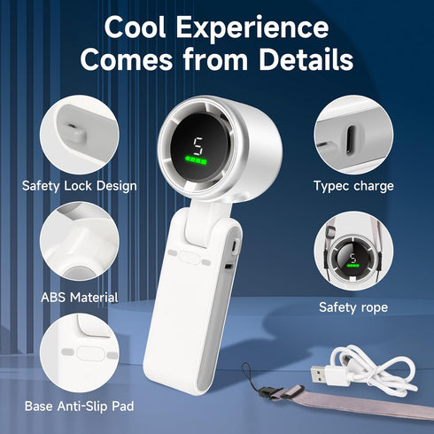 Portable Handheld Mini Fan - 3-IN-1 Turbo Fan for Travel, 5 Gear Wind, 12 Working Hours, Rechargeable Pocket Fan