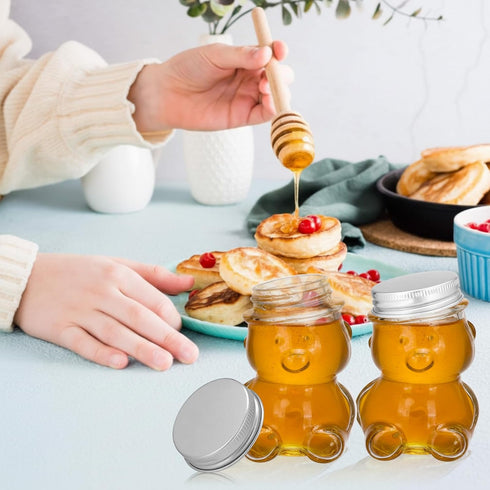 24 Pack 2.7 oz Patelai Glass Bear Shaped Honey Jars with Lids Reusable Small Tilted Bear Glass Bottles Containers