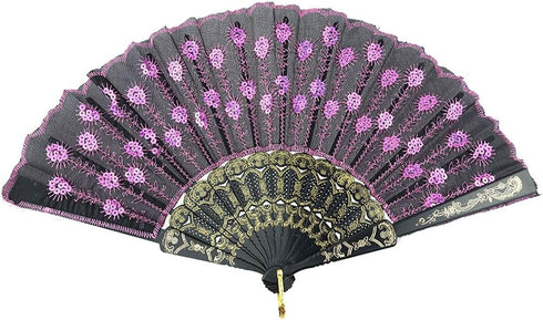 INNOLIFE Elegant Colorful Embroidered Flower Peacock Pattern Hand Fan - Hand-Crafted Folding Fabric, Full Set of 6pcs