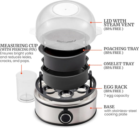 EGC855SS 7-Egg Elite Gourmet Easy Egg Cooker, Capacity, Soft, Medium, Hard-Boiled, Omelets, Poached Eggs, Plays Melody