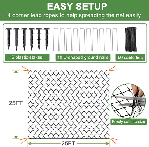 DQS 25x25ft 1 Bird Netting for Garden Protection - Poultry Netting for Chicken Coop, Mesh Heavy Duty Garden Net, Fruit