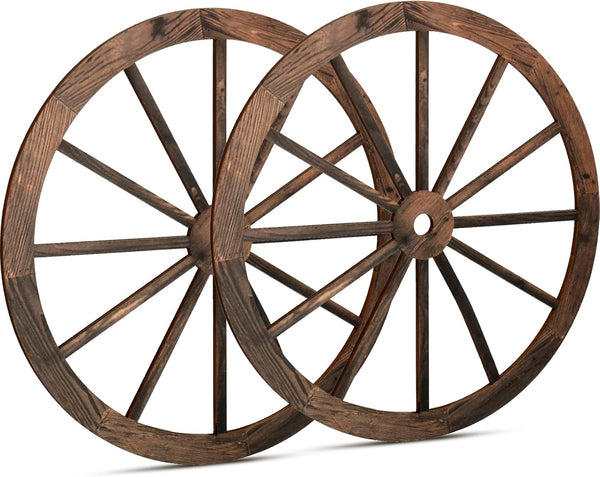 2 Pcs Wooden Wagon Wheel Decor, Vintage Rustic Cowboy Party Decorations for Bar Garage Indoor Outdoor (Brown, 12 Inch)