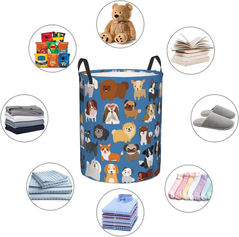 Cute Dogs Blue Round Laundry Hamper, Storage Basket for Toys, Clothes Organizer Bin for Home