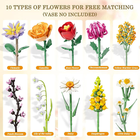 Flowers Bouquet Building Set, 1070PCS Wildflower Botanical Collection, Artificial Plant Flower Kit for Home Decor