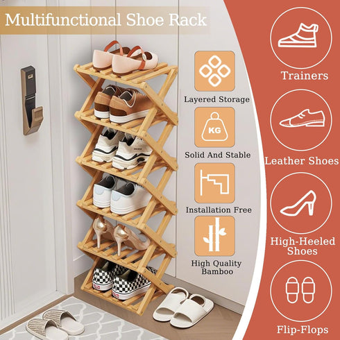 3 Closet Tier Natural Bamboo Shoe Rack,Foldable Space Saving Shoe Storage Organizer,Easy Assembly & Strong Design Shoes